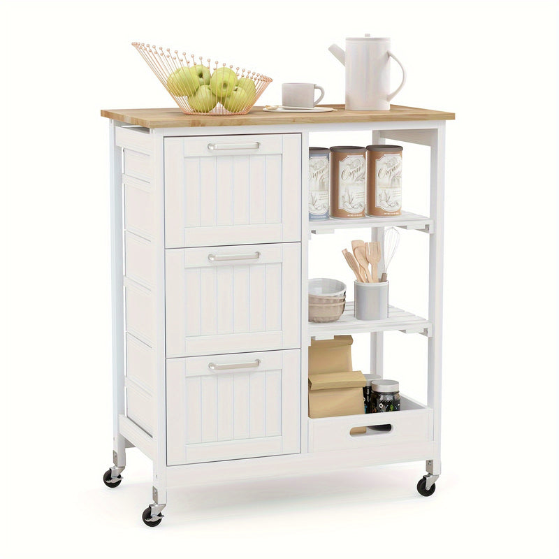 Costway Kitchen Island Cart Mobile Storage Organizer w/ 3 Large Drawers 2 Open Shelves