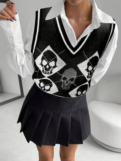 Women's Gothic White V-Neck Sleeveless Skull Sweater Vest - Black & White Cardigan with Skull Pattern, Layered Blazer-like Jacket for Spring Summer Fall, Casual & Themed Events (Hand Wash/Dry Clean)