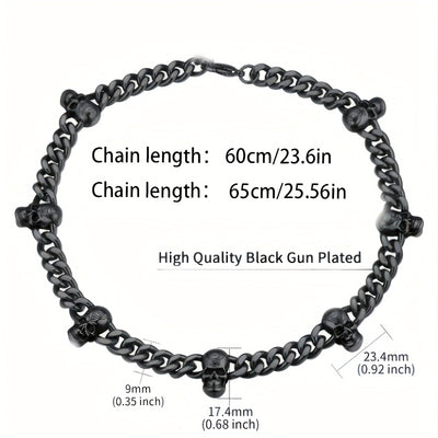 [Gothic Skull Necklace] Gothic Skull Necklace Collar - Black Stainless Steel Cuban Spliced Necklace with 7 Skulls, 9mm Width, Perfect for Halloween, Daily Wear, Music Festivals & Bar Accessories, Skull Jewelry