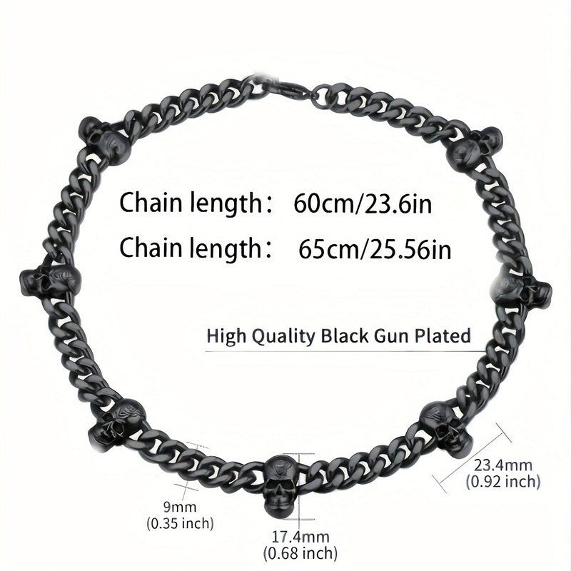 [Gothic Skull Necklace] Gothic Skull Necklace Collar - Black Stainless Steel Cuban Spliced Necklace with 7 Skulls, 9mm Width, Perfect for Halloween, Daily Wear, Music Festivals & Bar Accessories, Skull Jewelry
