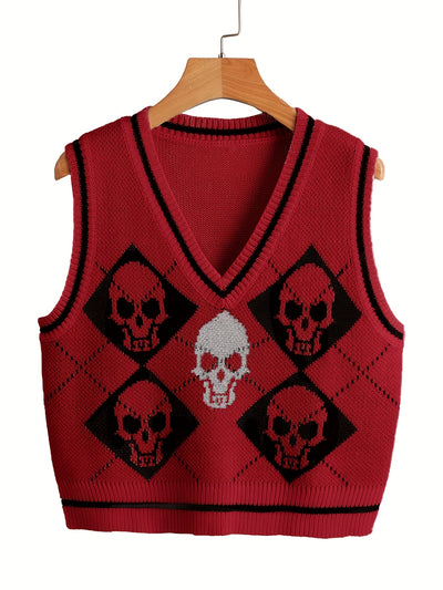 Women's Gothic White V-Neck Sleeveless Skull Sweater Vest - Black & White Cardigan with Skull Pattern, Layered Blazer-like Jacket for Spring Summer Fall, Casual & Themed Events (Hand Wash/Dry Clean)