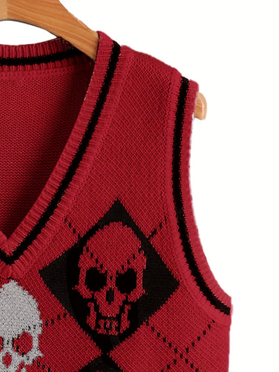 Women's Gothic White V-Neck Sleeveless Skull Sweater Vest - Black & White Cardigan with Skull Pattern, Layered Blazer-like Jacket for Spring Summer Fall, Casual & Themed Events (Hand Wash/Dry Clean)