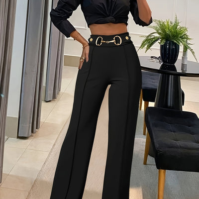 Women'S Elegant Solid Color Polyester 100% Suit Trousers with Chain Detail, 230g/m² Fabric, All-Season Versatile Pants for Adult