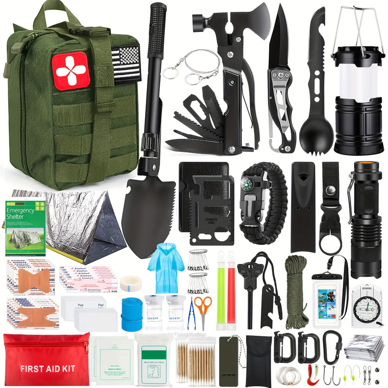 Survival Kit, 320pcs Survival Emergency Gear And Supplies with First Aid Kit Pouch, Emergency Kit with Tent, Camping Axe Hammer, Survival Shovel for Earthquake, Outdoor Adventure, Hiking, Hunting, Great Gift Idea for Men Wome