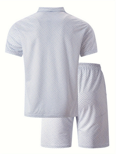 Mens 2Pcs Casual Summer Set - Breezy Short Sleeve Shirt with Matching Drawstring Shorts - Ideal for Vacation & Workout