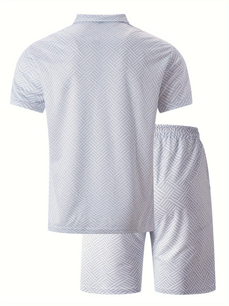 Mens 2Pcs Casual Summer Set - Breezy Short Sleeve Shirt with Matching Drawstring Shorts - Ideal for Vacation & Workout
