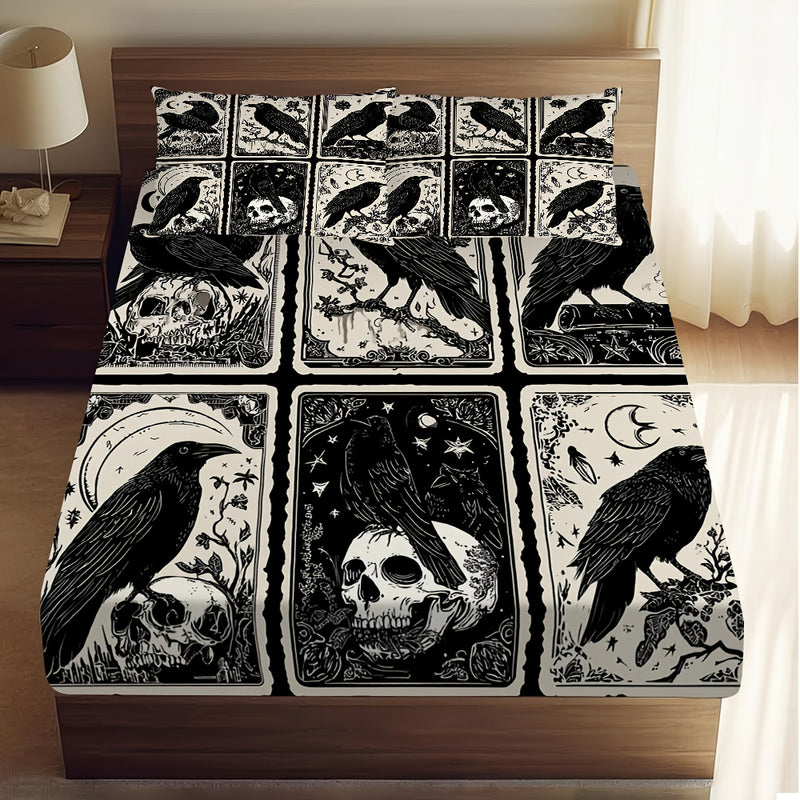3pcs Gothic Raven Tarot Bedding Set - Deep Pocket Fitted Sheet & 2 Pillowcases, Black & White Raven Print with Tarot Card Motifs, Soft Breathable Fabric, Machine Washable, All-Season Comfort for Queen/King Size Beds, Gothic B