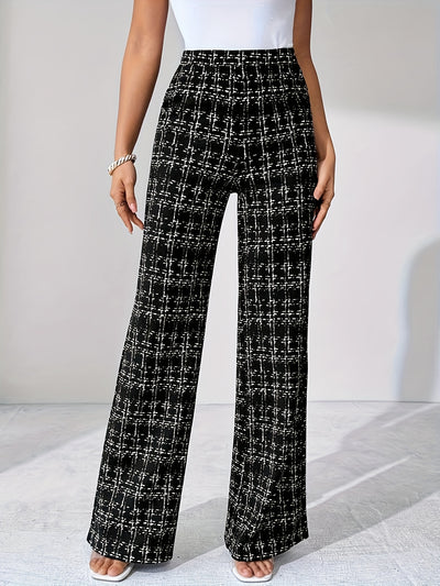 Women'S Elegant High-Waist Plaid Pants - Stretchy Black and White Check Pattern, Wide Leg, Comfortable Fit for Spring/Summer/Fall, Machine Washable, High Waisted Leggings