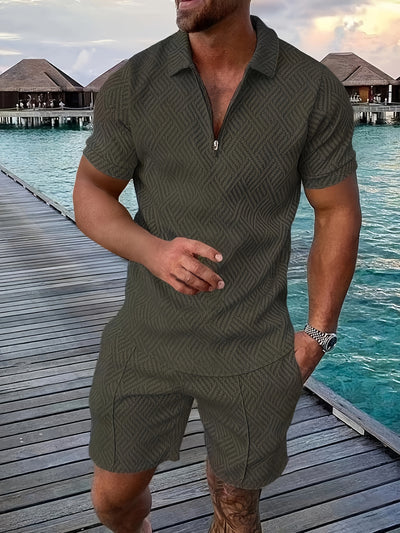 Mens 2Pcs Casual Summer Set - Breezy Short Sleeve Shirt with Matching Drawstring Shorts - Ideal for Vacation & Workout