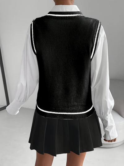 Women's Gothic White V-Neck Sleeveless Skull Sweater Vest - Black & White Cardigan with Skull Pattern, Layered Blazer-like Jacket for Spring Summer Fall, Casual & Themed Events (Hand Wash/Dry Clean)