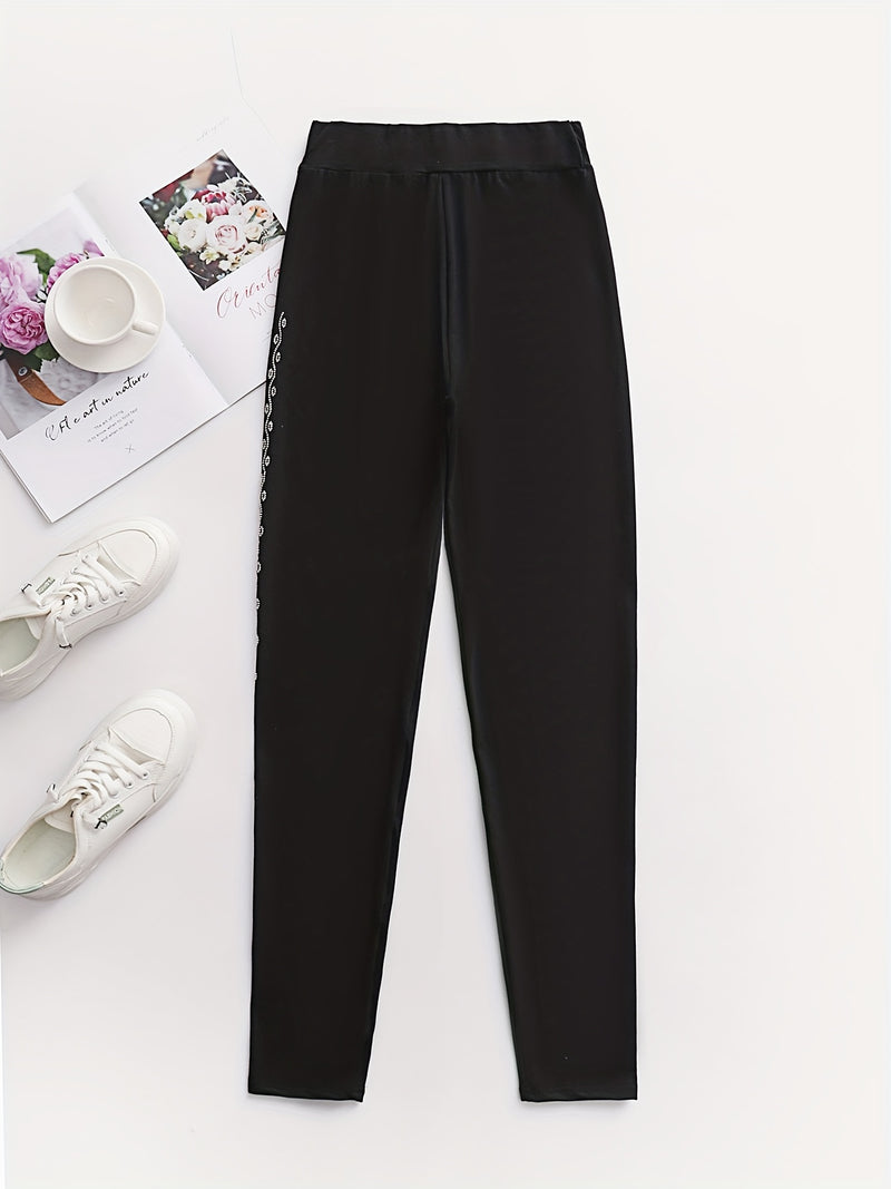 Rhinestone Skinny Pants, Casual Elastic Waist Every Day Pants, Women&