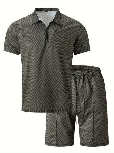 Mens 2Pcs Casual Summer Set - Breezy Short Sleeve Shirt with Matching Drawstring Shorts - Ideal for Vacation & Workout