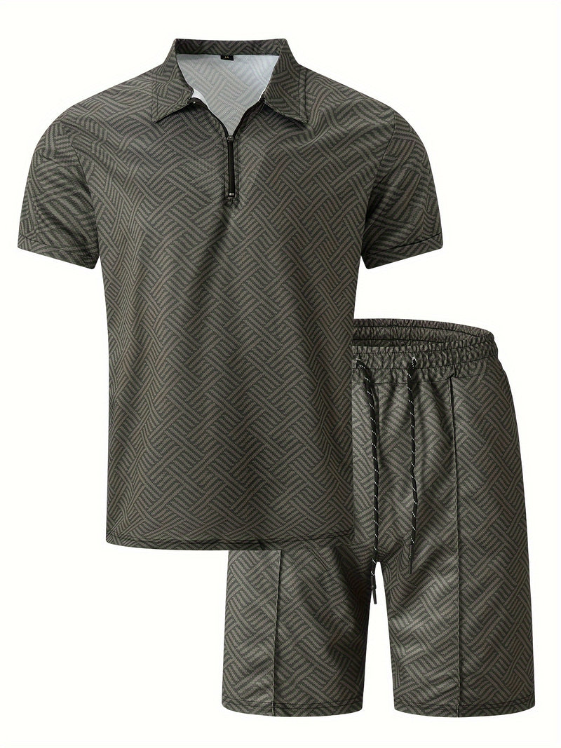 Mens 2Pcs Casual Summer Set - Breezy Short Sleeve Shirt with Matching Drawstring Shorts - Ideal for Vacation & Workout