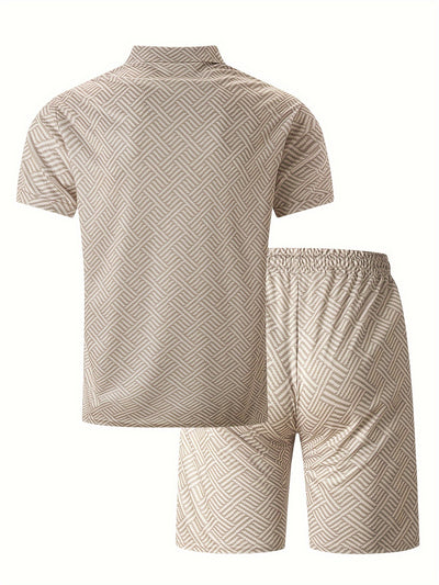 Mens 2Pcs Casual Summer Set - Breezy Short Sleeve Shirt with Matching Drawstring Shorts - Ideal for Vacation & Workout