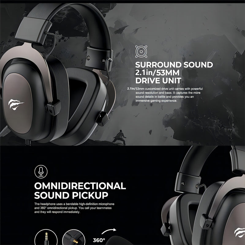 HAVIT Surround Sound Wired Headphones For Video Music And Games, Compatible With PC, XBOX ONE, PS4, Mobile Phones, With Detachable Microphone, 3.5mm Port, Comfortable Leather Earmuffs, 53mm Speakers, Adjustable Headband, All-