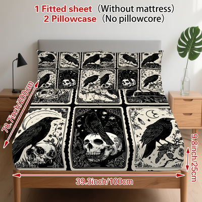 3pcs Gothic Raven Tarot Bedding Set - Deep Pocket Fitted Sheet & 2 Pillowcases, Black & White Raven Print with Tarot Card Motifs, Soft Breathable Fabric, Machine Washable, All-Season Comfort for Queen/King Size Beds, Gothic B