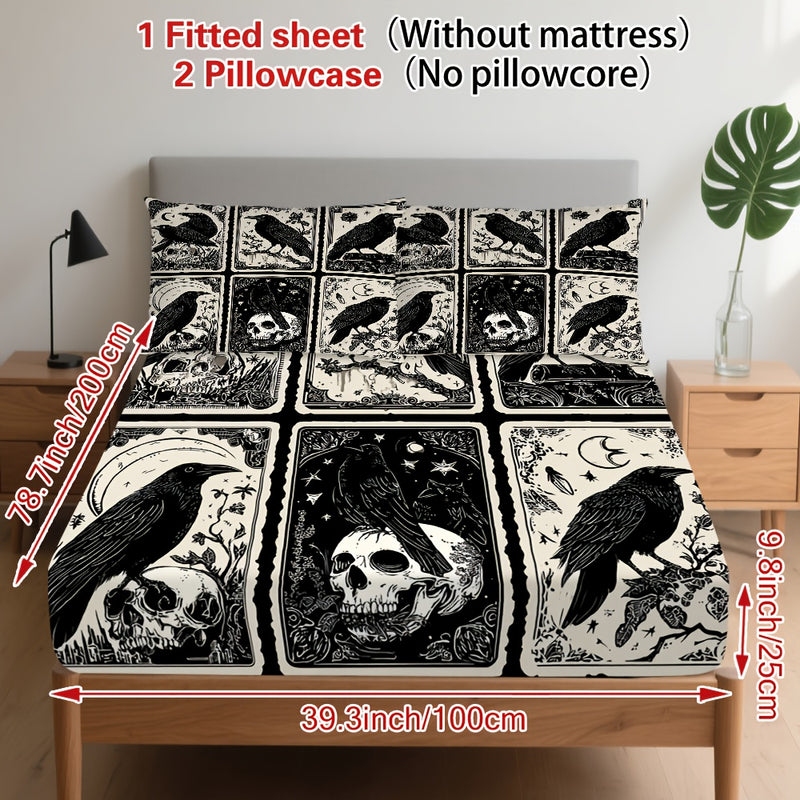 3pcs Gothic Raven Tarot Bedding Set - Deep Pocket Fitted Sheet & 2 Pillowcases, Black & White Raven Print with Tarot Card Motifs, Soft Breathable Fabric, Machine Washable, All-Season Comfort for Queen/King Size Beds, Gothic B