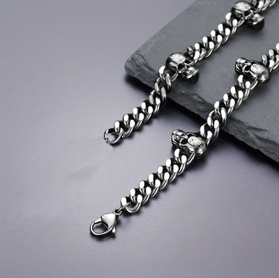 [Gothic Skull Necklace] Gothic Skull Necklace Collar - Black Stainless Steel Cuban Spliced Necklace with 7 Skulls, 9mm Width, Perfect for Halloween, Daily Wear, Music Festivals & Bar Accessories, Skull Jewelry