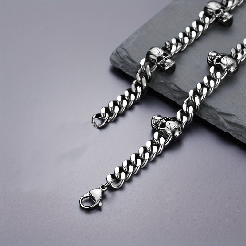 [Gothic Skull Necklace] Gothic Skull Necklace Collar - Black Stainless Steel Cuban Spliced Necklace with 7 Skulls, 9mm Width, Perfect for Halloween, Daily Wear, Music Festivals & Bar Accessories, Skull Jewelry