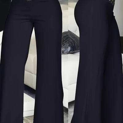 Women's High-Waisted Flared Pants with Cross-Over Mesh Panels - Navy Blue 100% Polyester, Machine Washable Elegant Casual & Formal Trousers for All Seasons