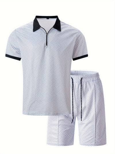 Mens 2Pcs Casual Summer Set - Breezy Short Sleeve Shirt with Matching Drawstring Shorts - Ideal for Vacation & Workout