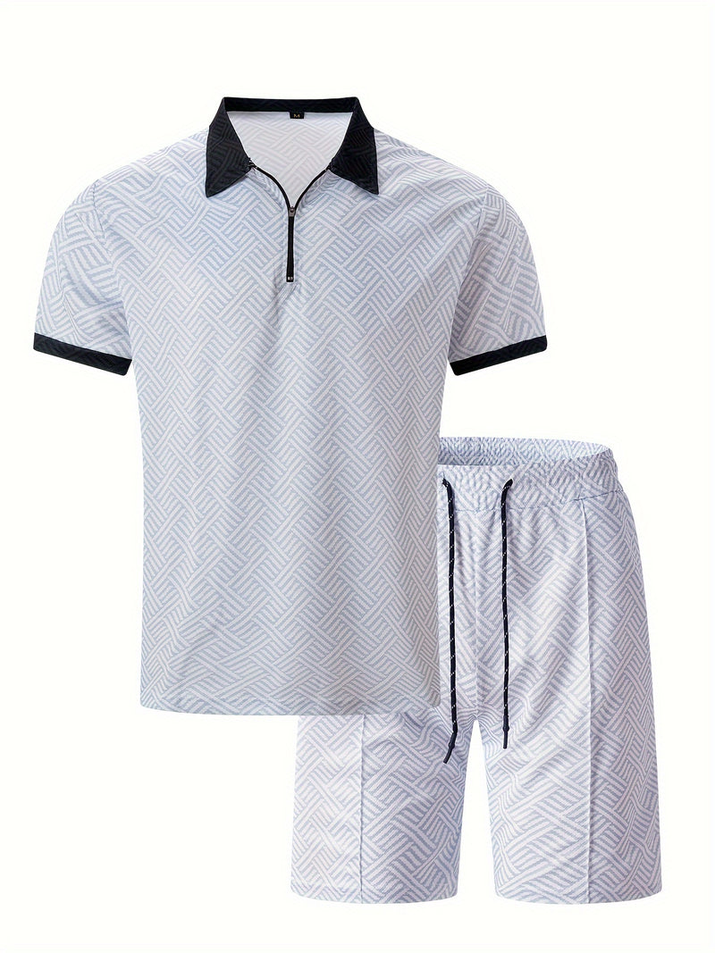 Mens 2Pcs Casual Summer Set - Breezy Short Sleeve Shirt with Matching Drawstring Shorts - Ideal for Vacation & Workout