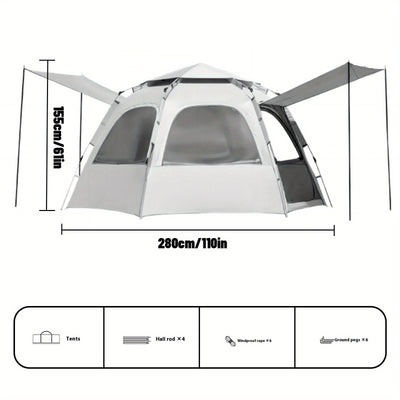 4-Person Hexagonal Pop-Up Camping Tent - Waterproof & Windproof, Easy Setup with Poles, 2 Doors & Skylight, Durable Polyester, Fiberglass Poles - Ideal for Hiking & Fishing, Gray, Family Camping Tent|Automatic Setup Tent|Poly