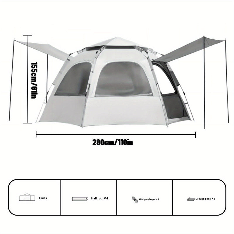4-Person Hexagonal Pop-Up Camping Tent - Waterproof & Windproof, Easy Setup with Poles, 2 Doors & Skylight, Durable Polyester, Fiberglass Poles - Ideal for Hiking & Fishing, Gray, Family Camping Tent|Automatic Setup Tent|Poly