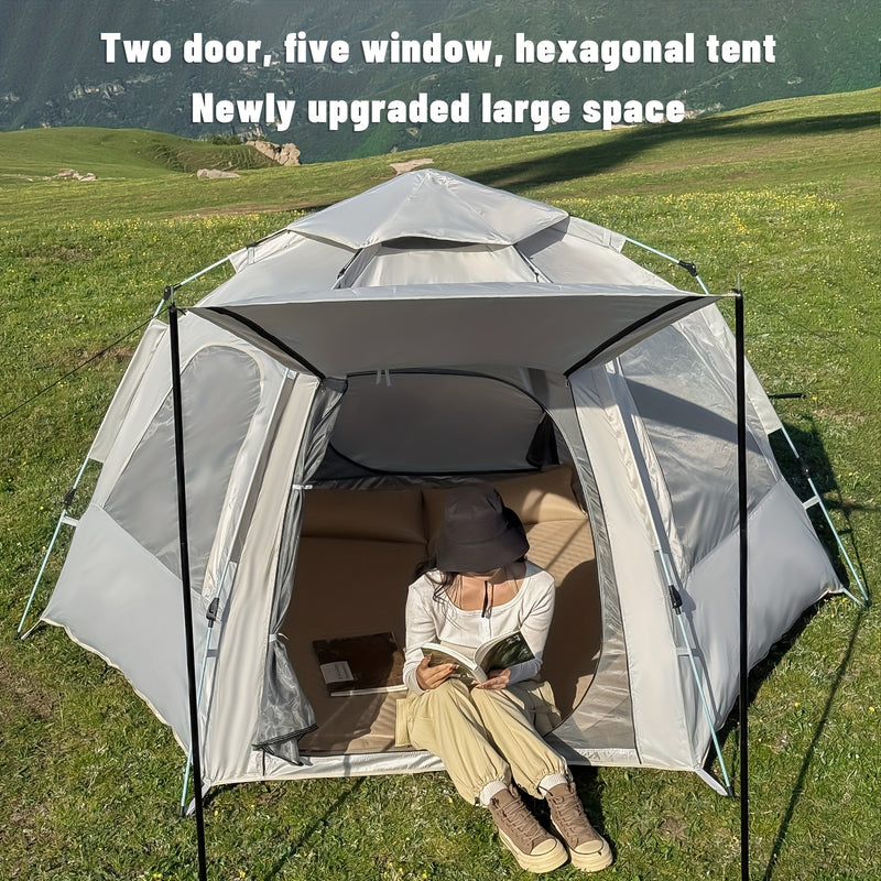 4-Person Hexagonal Pop-Up Camping Tent - Waterproof & Windproof, Easy Setup with Poles, 2 Doors & Skylight, Durable Polyester, Fiberglass Poles - Ideal for Hiking & Fishing, Gray, Family Camping Tent|Automatic Setup Tent|Poly
