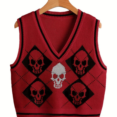 Women's Gothic White V-Neck Sleeveless Skull Sweater Vest - Black & White Cardigan with Skull Pattern, Layered Blazer-like Jacket for Spring Summer Fall, Casual & Themed Events (Hand Wash/Dry Clean)