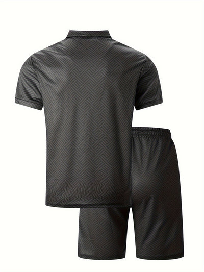 Mens 2Pcs Casual Summer Set - Breezy Short Sleeve Shirt with Matching Drawstring Shorts - Ideal for Vacation & Workout