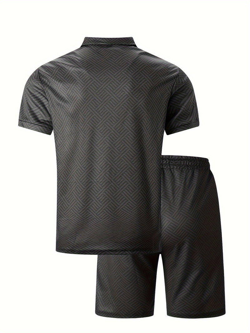 Mens 2Pcs Casual Summer Set - Breezy Short Sleeve Shirt with Matching Drawstring Shorts - Ideal for Vacation & Workout
