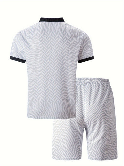 Mens 2Pcs Casual Summer Set - Breezy Short Sleeve Shirt with Matching Drawstring Shorts - Ideal for Vacation & Workout