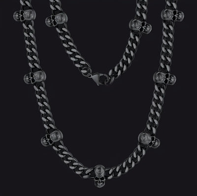 [Gothic Skull Necklace] Gothic Skull Necklace Collar - Black Stainless Steel Cuban Spliced Necklace with 7 Skulls, 9mm Width, Perfect for Halloween, Daily Wear, Music Festivals & Bar Accessories, Skull Jewelry