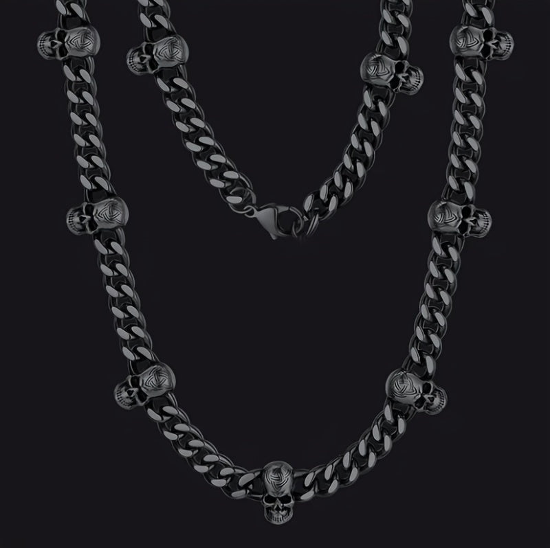 [Gothic Skull Necklace] Gothic Skull Necklace Collar - Black Stainless Steel Cuban Spliced Necklace with 7 Skulls, 9mm Width, Perfect for Halloween, Daily Wear, Music Festivals & Bar Accessories, Skull Jewelry