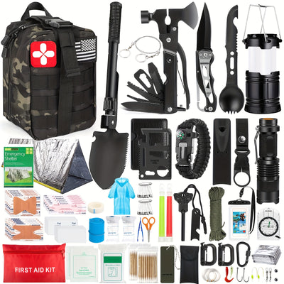 Survival Kit, 320pcs Survival Emergency Gear And Supplies with First Aid Kit Pouch, Emergency Kit with Tent, Camping Axe Hammer, Survival Shovel for Earthquake, Outdoor Adventure, Hiking, Hunting, Great Gift Idea for Men Wome
