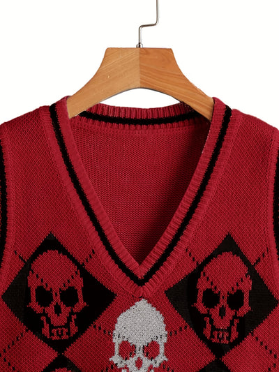 Women's Gothic White V-Neck Sleeveless Skull Sweater Vest - Black & White Cardigan with Skull Pattern, Layered Blazer-like Jacket for Spring Summer Fall, Casual & Themed Events (Hand Wash/Dry Clean)