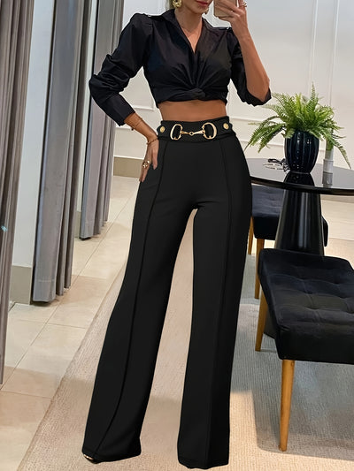 Women'S Elegant Solid Color Polyester 100% Suit Trousers with Chain Detail, 230g/m² Fabric, All-Season Versatile Pants for Adult