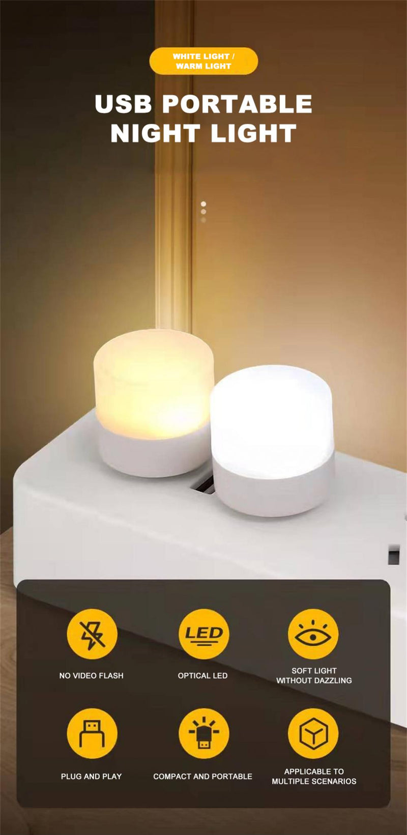 1pc Wireless Led Night Light With Usb Socket Mobile Power Charging Small Round Book Lamp Eye Protection Book Reading Bedroom Light