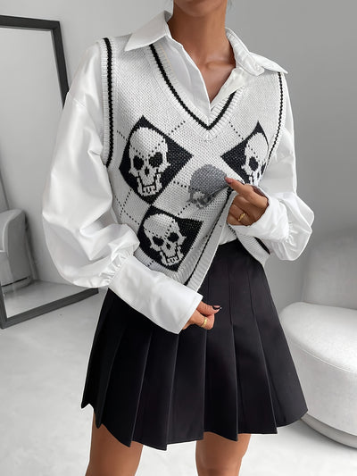 Women's Gothic White V-Neck Sleeveless Skull Sweater Vest - Black & White Cardigan with Skull Pattern, Layered Blazer-like Jacket for Spring Summer Fall, Casual & Themed Events (Hand Wash/Dry Clean)