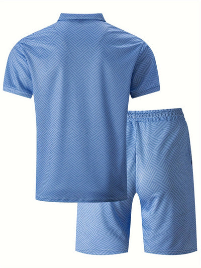 Mens 2Pcs Casual Summer Set - Breezy Short Sleeve Shirt with Matching Drawstring Shorts - Ideal for Vacation & Workout