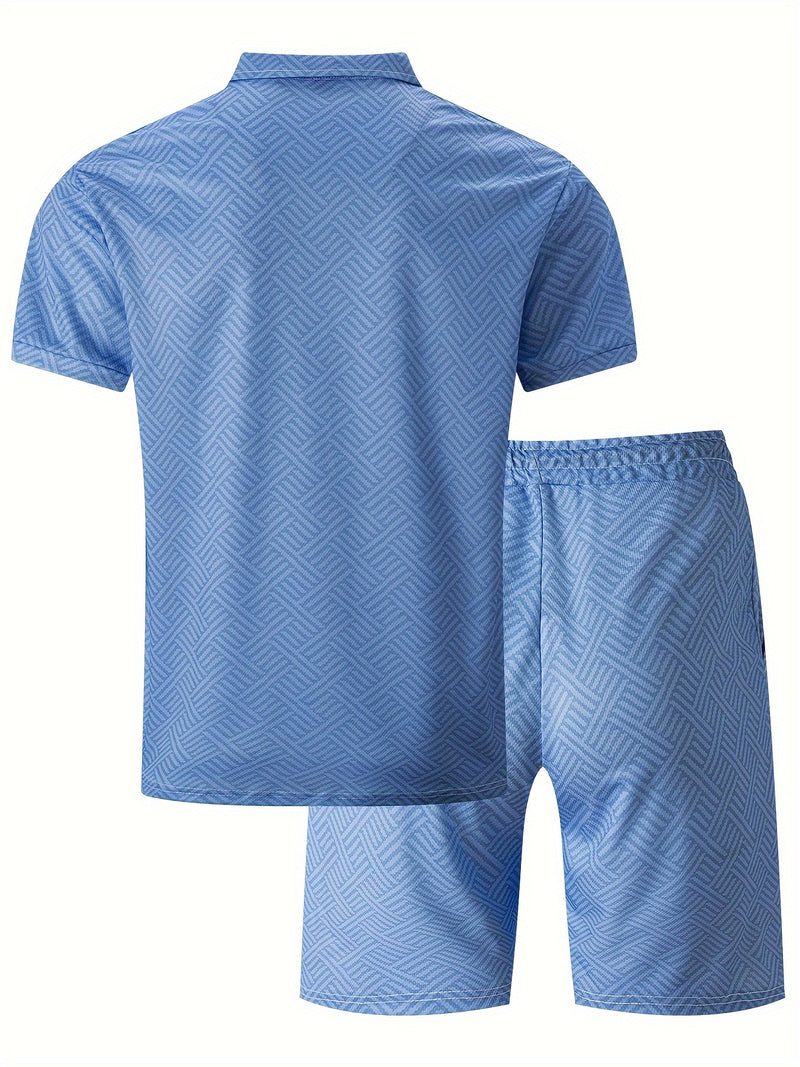 Mens 2Pcs Casual Summer Set - Breezy Short Sleeve Shirt with Matching Drawstring Shorts - Ideal for Vacation & Workout