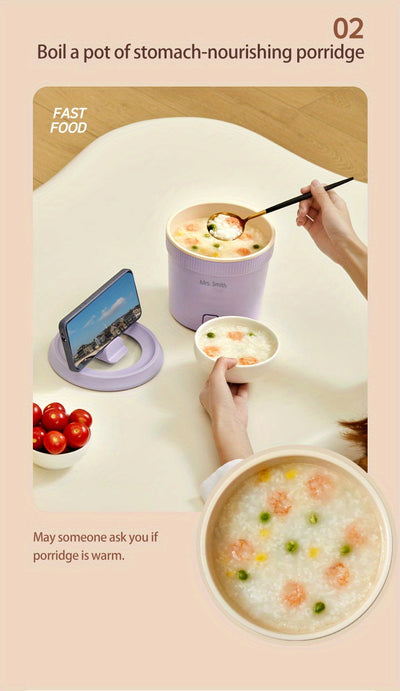 Mrs. Smith 6.3-Inch Electric Hot Pot with Mobile Phone Holder - 1L Capacity, Fast Heating 400W, Dual Temperature Control, Non-Stick, PP Material, Ideal for Frying, Stewing & Instant Noodles - Purple, Portable Hot Pot