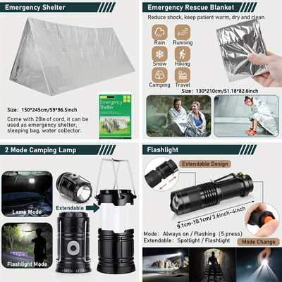 Survival Kit, 320pcs Survival Emergency Gear And Supplies with First Aid Kit Pouch, Emergency Kit with Tent, Camping Axe Hammer, Survival Shovel for Earthquake, Outdoor Adventure, Hiking, Hunting, Great Gift Idea for Men Wome