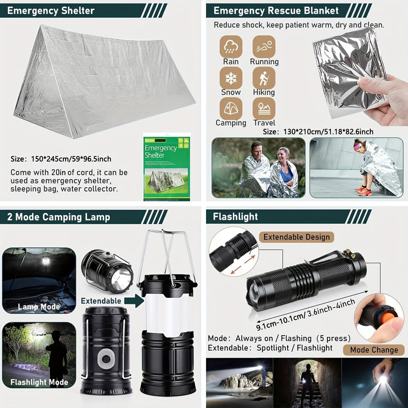 Survival Kit, 320pcs Survival Emergency Gear And Supplies with First Aid Kit Pouch, Emergency Kit with Tent, Camping Axe Hammer, Survival Shovel for Earthquake, Outdoor Adventure, Hiking, Hunting, Great Gift Idea for Men Wome