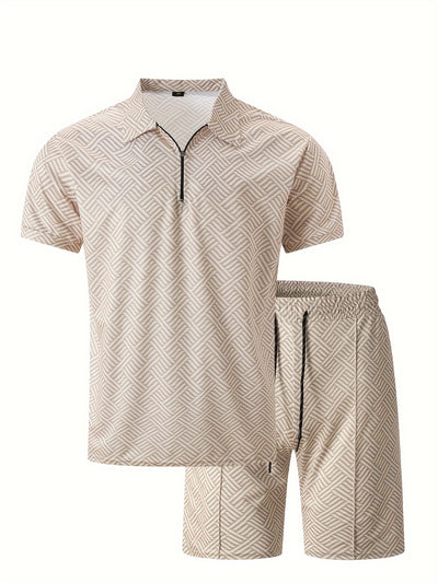 Mens 2Pcs Casual Summer Set - Breezy Short Sleeve Shirt with Matching Drawstring Shorts - Ideal for Vacation & Workout