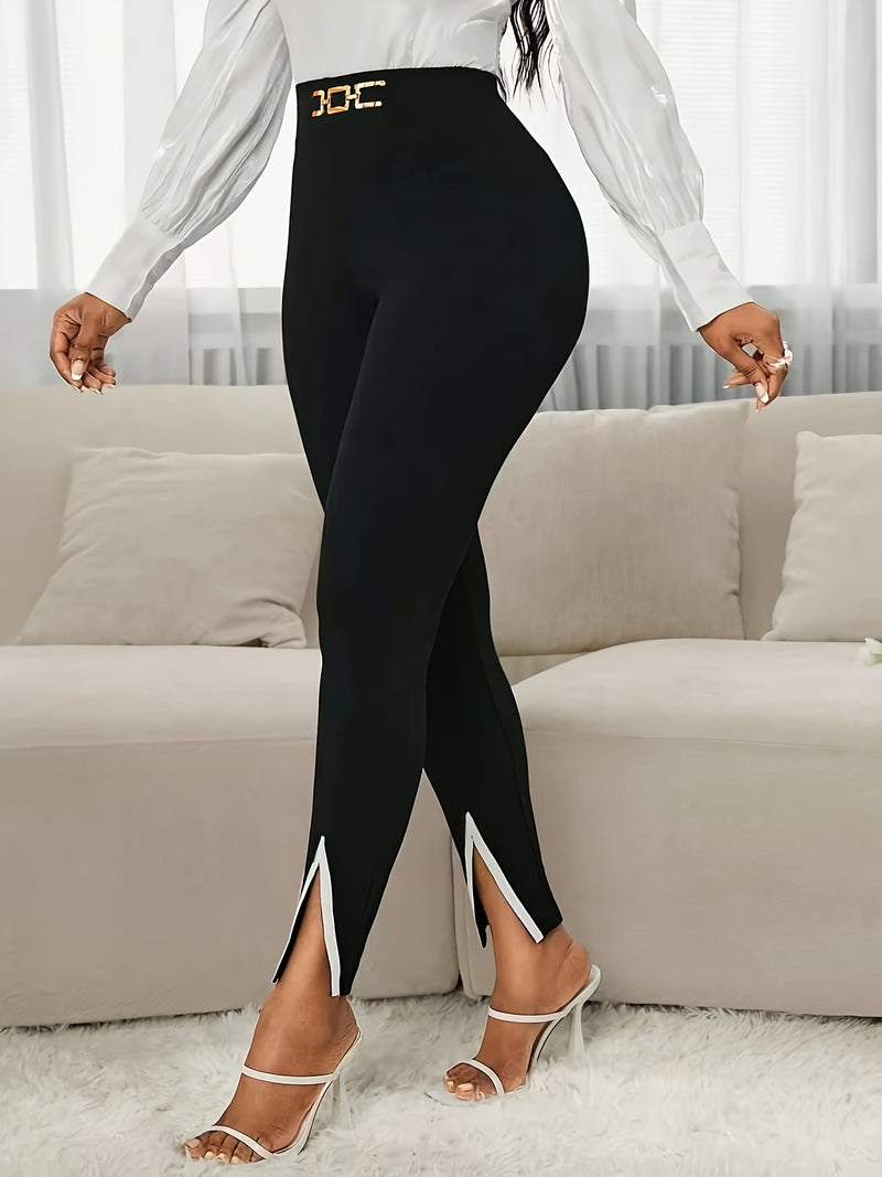 Elegant Color Block Split Crop Pants - Black & White, High-Waisted with Belt Loops, Stylish Adult Fashion, Allseason Wear, Fashionable Pants|Stylish Crop Pants|Highwaisted Pants