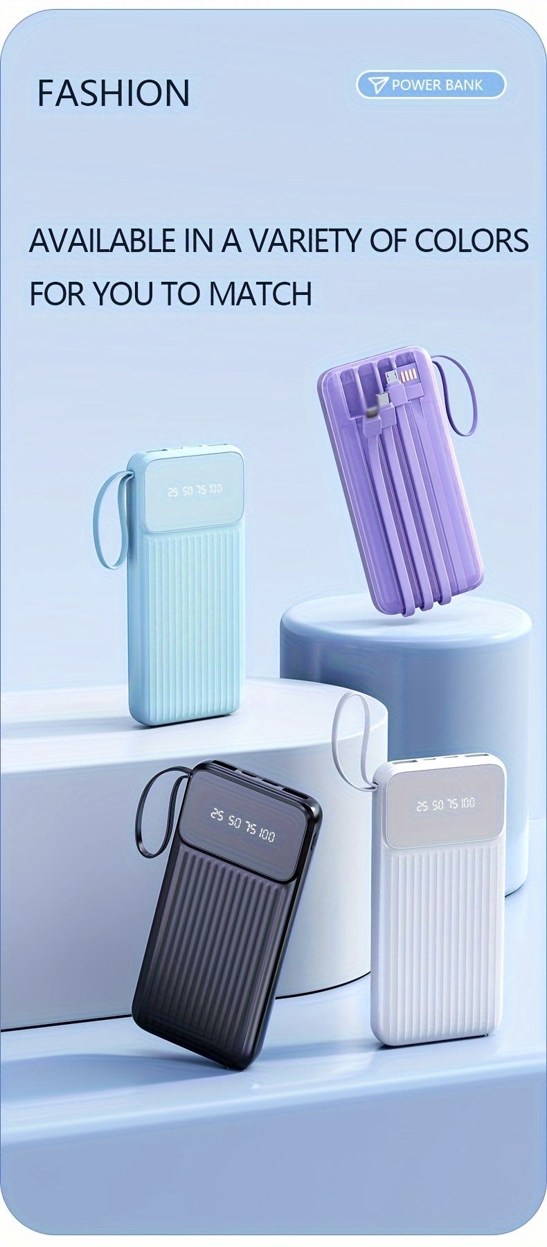 Universal Portable Phone Charger, Built-in Cable Large Capacity 20000mAh Mobile Power Supply, Easy And Fast USB Battery Pack External Phone Charger, Suitable For Samsung, IPhone, IPad, Etc