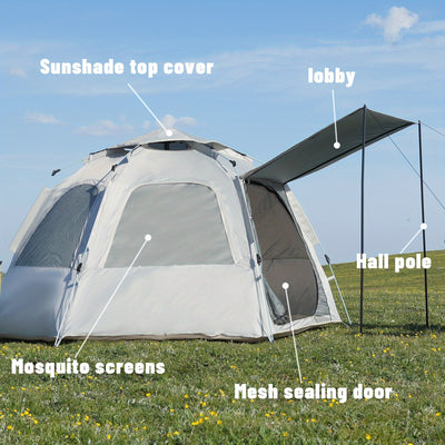 4-Person Hexagonal Pop-Up Camping Tent - Waterproof & Windproof, Easy Setup with Poles, 2 Doors & Skylight, Durable Polyester, Fiberglass Poles - Ideal for Hiking & Fishing, Gray, Family Camping Tent|Automatic Setup Tent|Poly