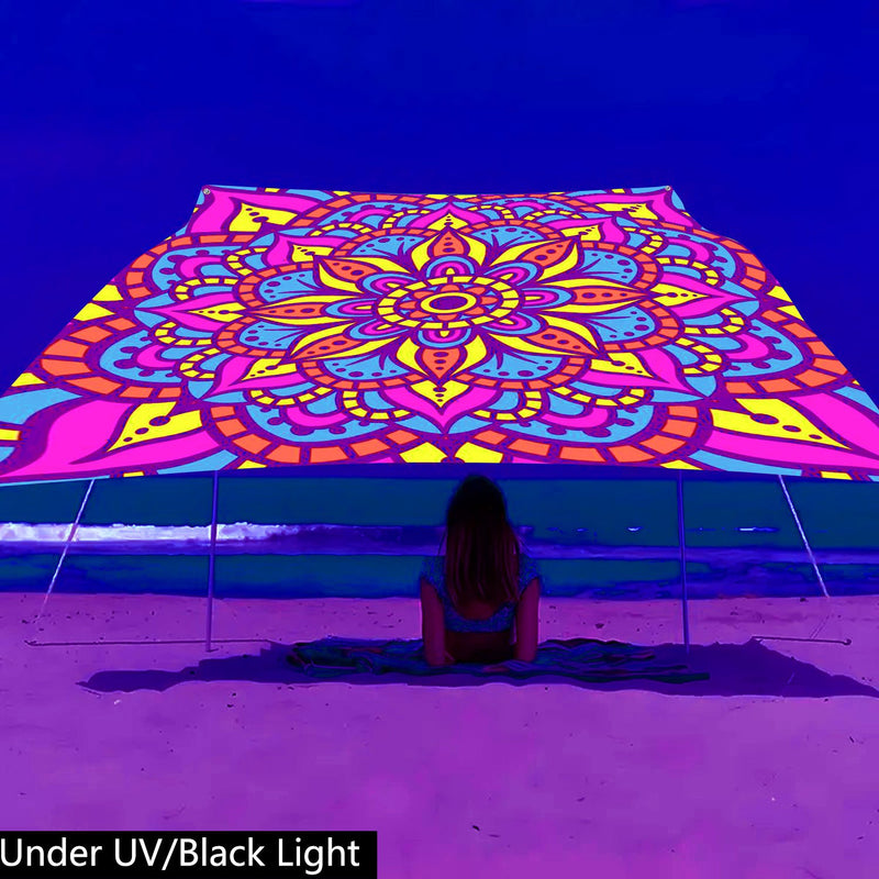 1pc QD-VIVIOS Glow-in-the-Dark UV/Blacklight Mandala Canopy Tent - UV-Activated Glow Under UV Light, Portable Sun Shade for 6-Person Outdoor Camping, Beach, Parties, Lightweight Polyester with Glow-in-the-Dark Effects (No Pol